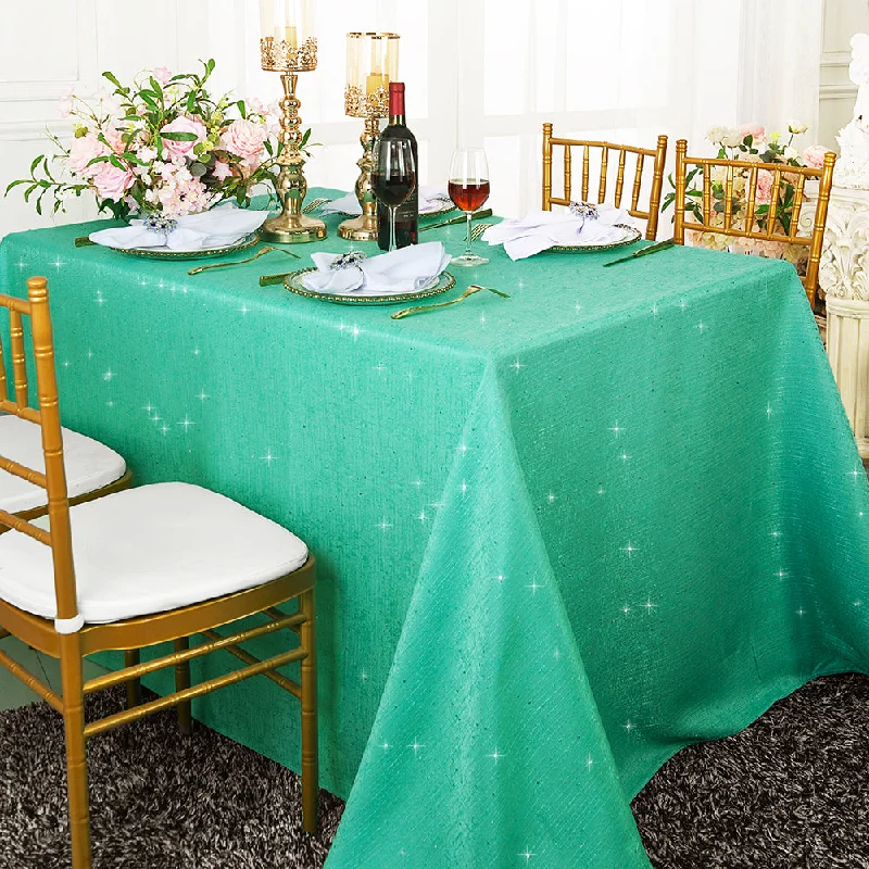 90"x156" Seamless Rectangular Sequin Paillette Poly Flax/Burlap Tablecloth - Tiff Blue/Aqua Blue (1pc)