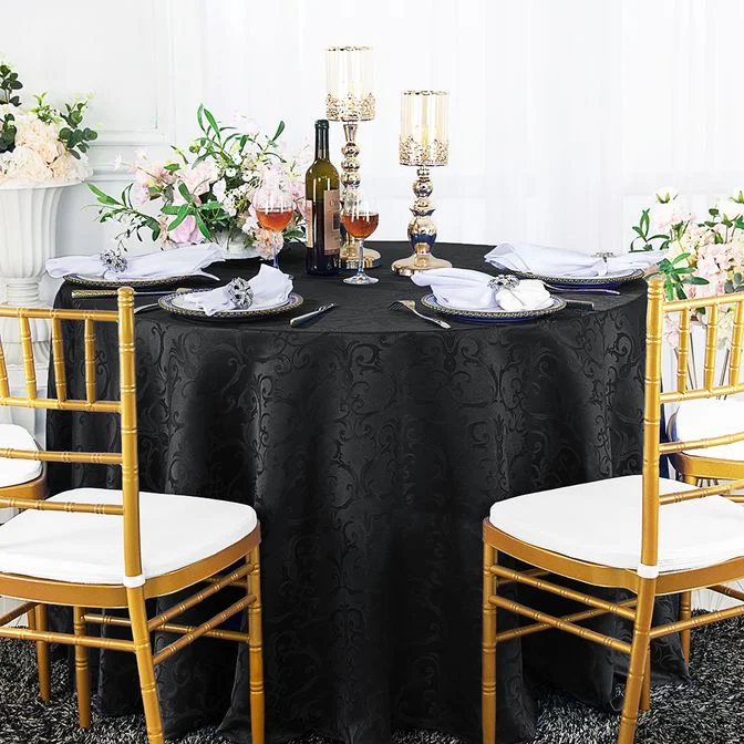 108" Seamless Round Versailles Chopin Damask Jacquard Polyester (220 GSM) Tablecloth - Black (1pc)