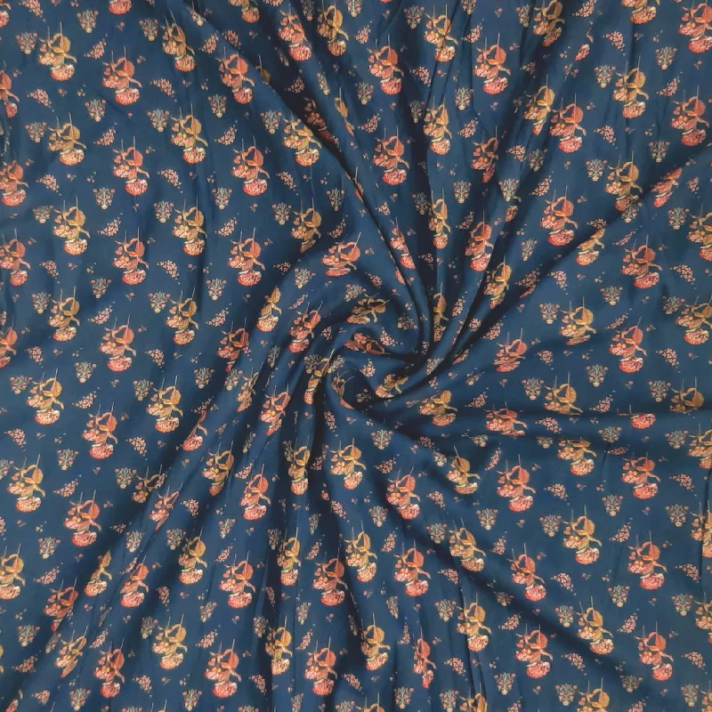 Navy Blue Colour Floral Print Rayon Fabric