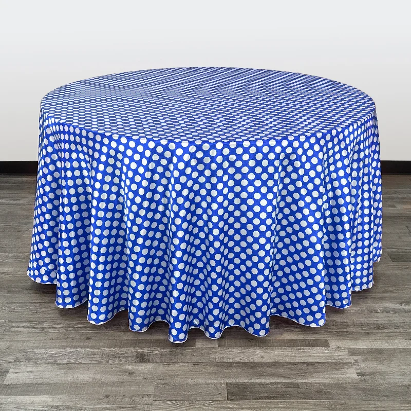 120 inch Satin Round Tablecloth Royal Blue and White Polka Dots