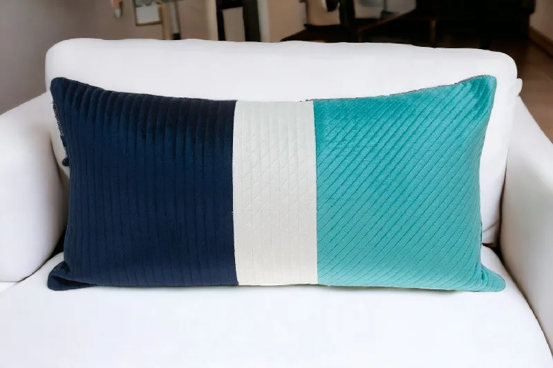 Navy Blue and Sea Blue Quilted Colorblock Velvet Lumbar Throw Pillow