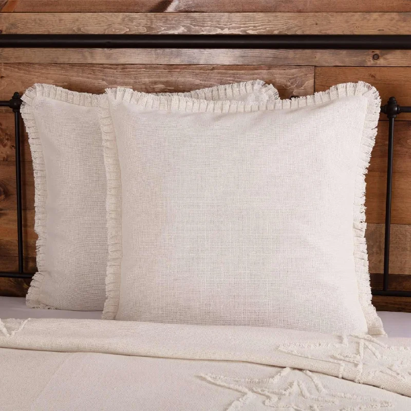 Burlap Antique White Fabric Euro Sham w/ Fringed Ruffle 26x26 VHC Brands