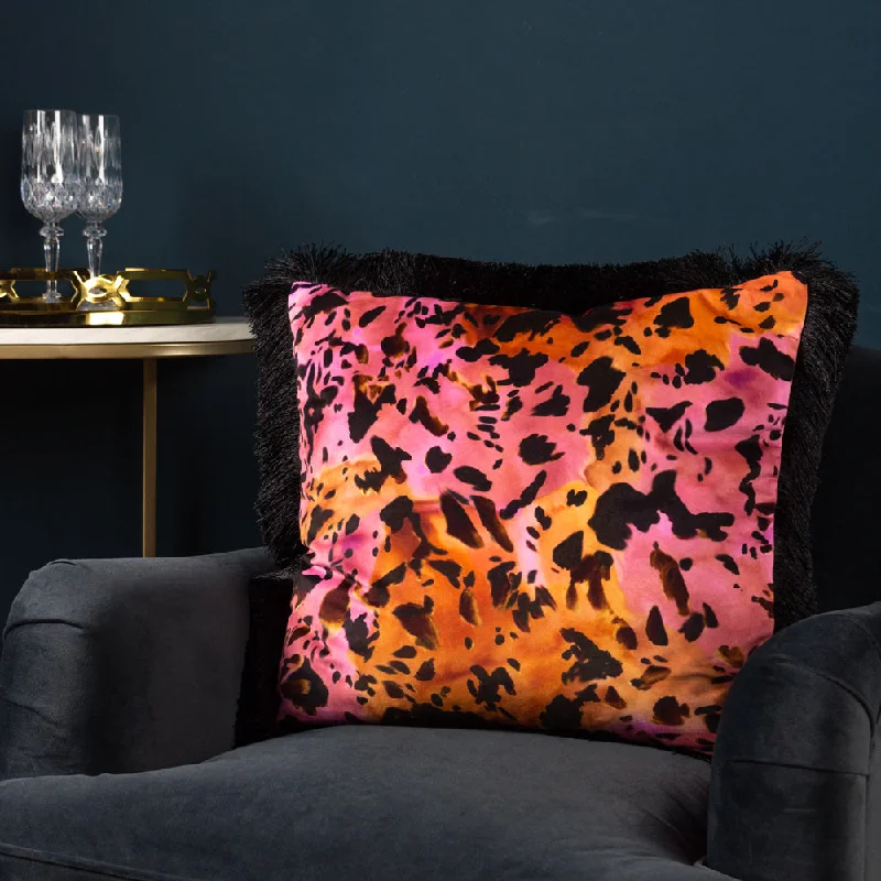 Colette Animal Printed Satin Fringed Cushion Rouge