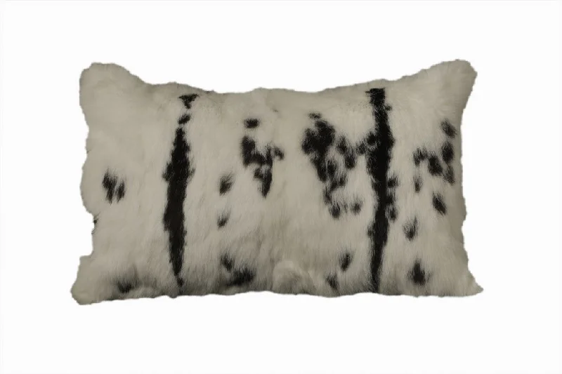 12" X 20" Black And White Rabbit Zippered Natural Fur Animal Print Throw Pillow