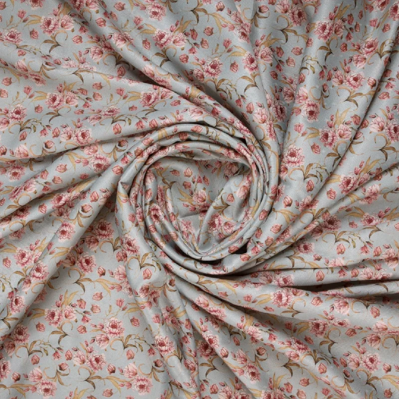 Light Blue Peach Floral Print Semi Cotton Fabric