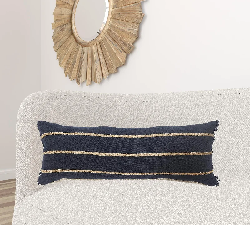 14" X 36" Navy And Tan 100% Cotton Zippered Pillow