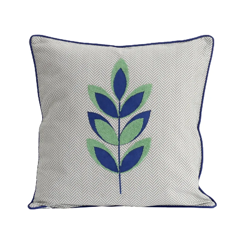 Botanical Heritage Patchy Leaf Print and Embroidery Blue Cushion Cover