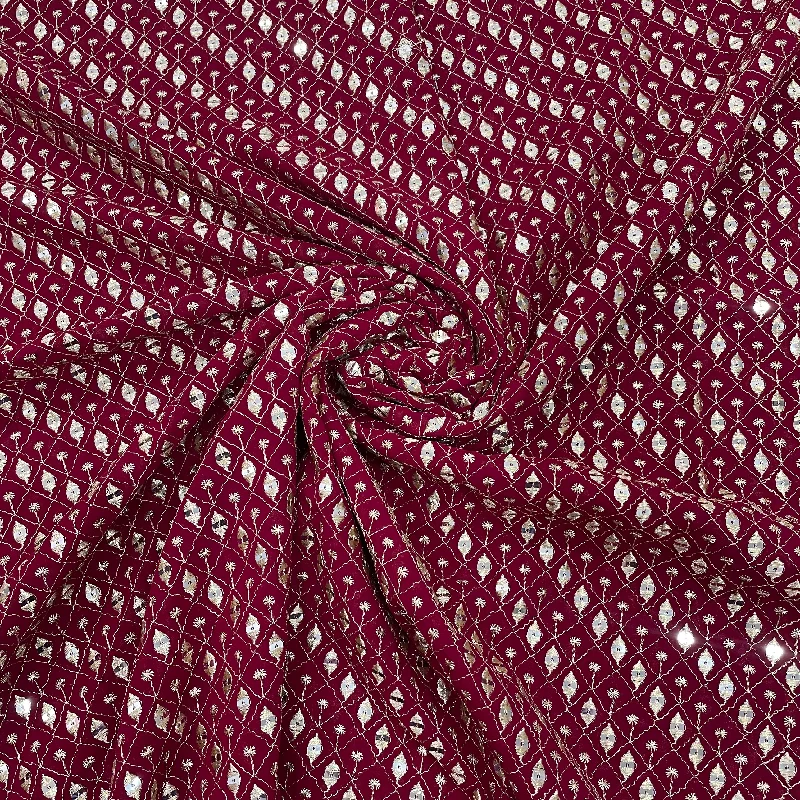 Red Maroon Check Embroidery Sequins Georgette Fabric