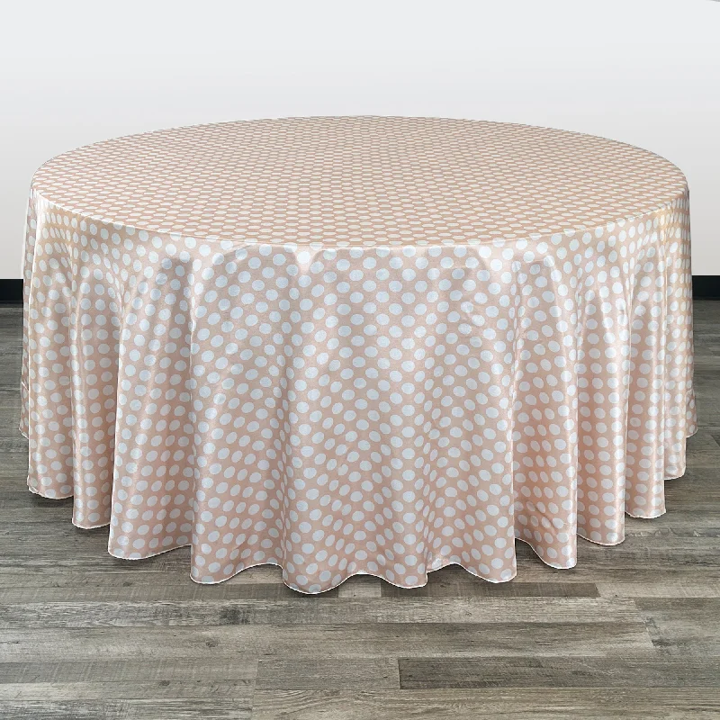 132 inch Satin Round Tablecloth Peach and White Polka Dots