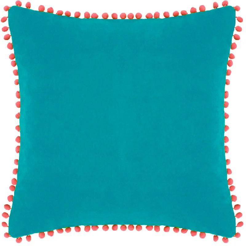 Velvet Pompom Cushion Teal/Coral