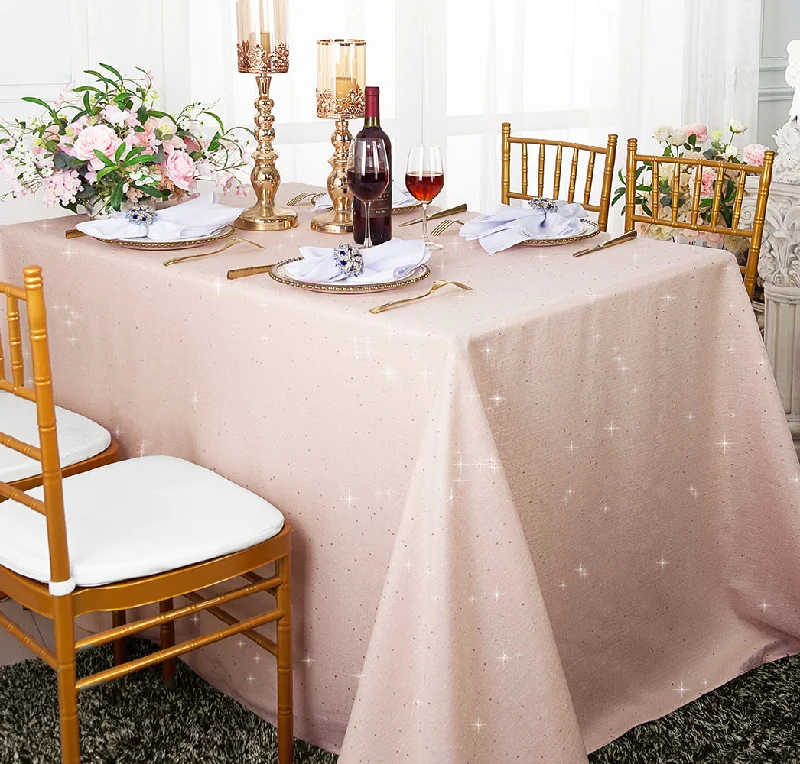 90"x132" Seamless Rectangular Sequin Paillette Poly Flax/Burlap Tablecloth - Blush Pink/Rose Gold (1pc)