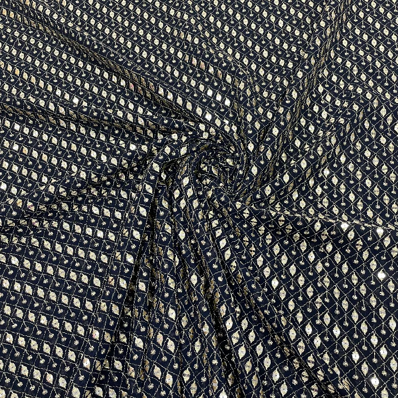 Navy Blue Check Embroidery Sequins Georgette Fabric