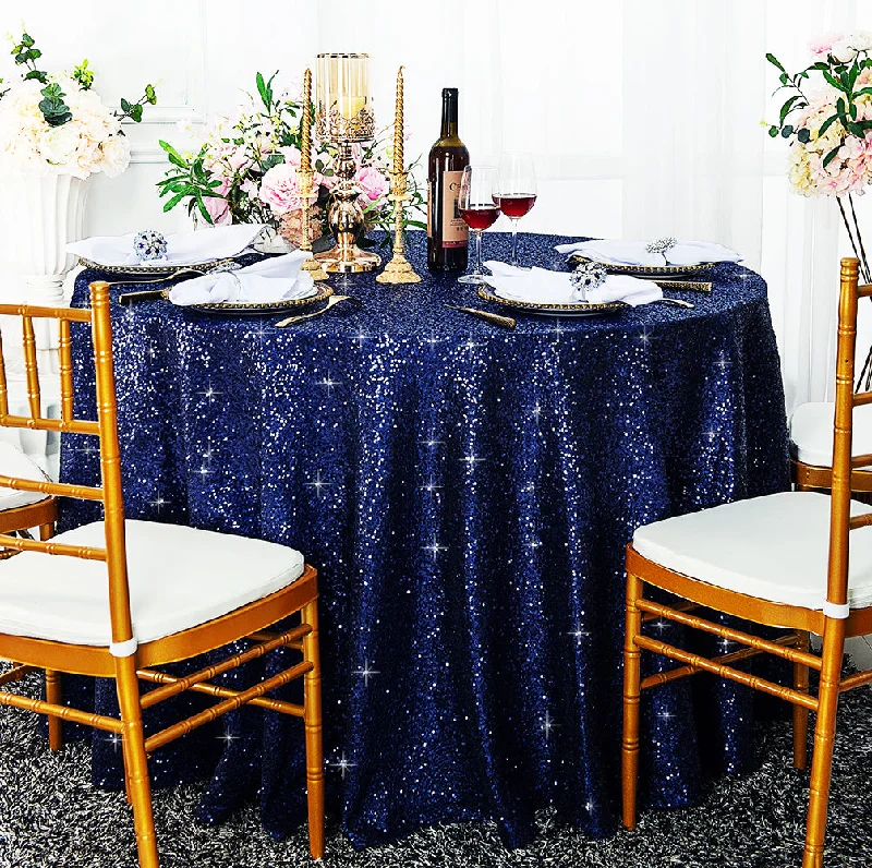 120" Seamless Round Sequin Taffeta Tablecloth - Navy Blue (1pc)