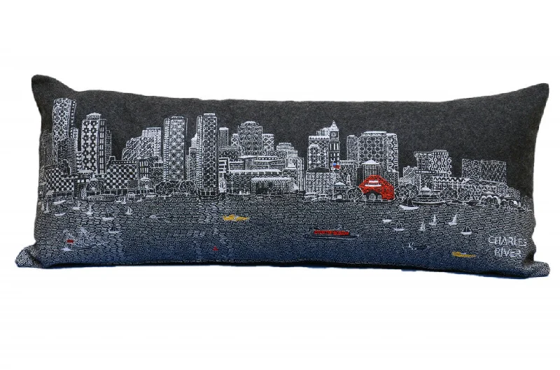 35" Black Boston Nighttime Skyline Lumbar Decorative Pillow