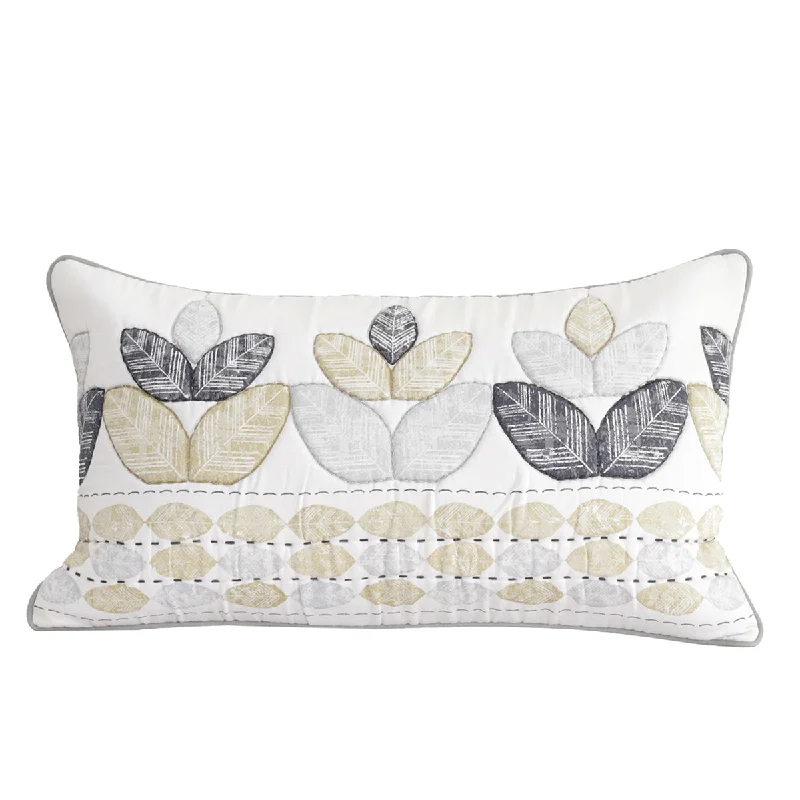 Botanical Heritage Distorted Leaf Print and Embroidery Grey Cushion Cover