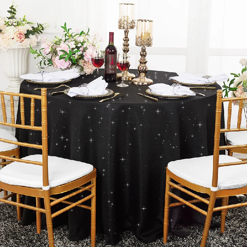 120" Seamless Round Sequin Paillette Poly Flax/Burlap Tablecloth - Black (1pc)