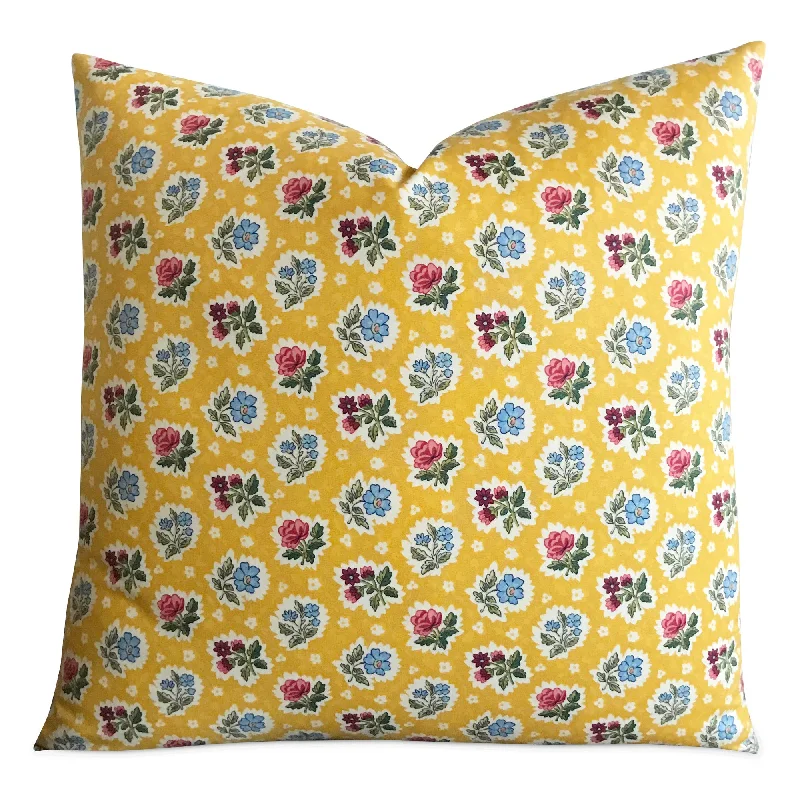 Bright Yellow English Country Floral Throw Pillow Cover 22x22