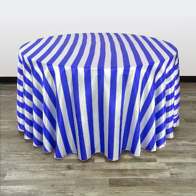 120 inch Satin Round Tablecloth Royal Blue and White Striped