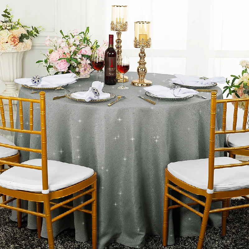 120" Seamless Round Sequin Paillette Poly Flax/Burlap Tablecloth - Silver (1pc)