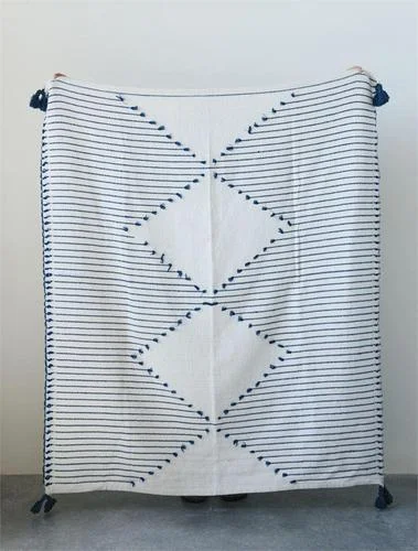 Cotton Woven Throw w/ Tassels in Navy & Cream