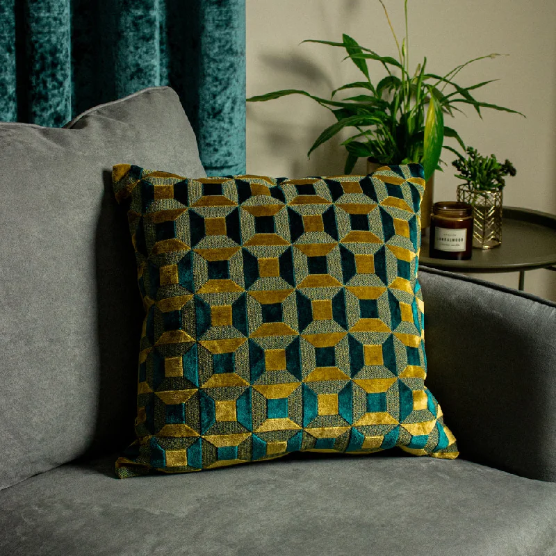 Empire Velvet Jacquard Cushion Teal/Gold