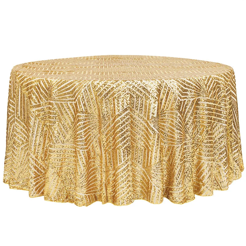 Geometric Glitz Art Deco Sequin Tablecloth 132" Round - Gold