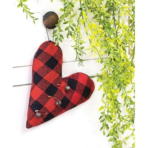 Felt Red & Black Buffalo Check Heart Pillow Ornament w Rusty Jingle Bells