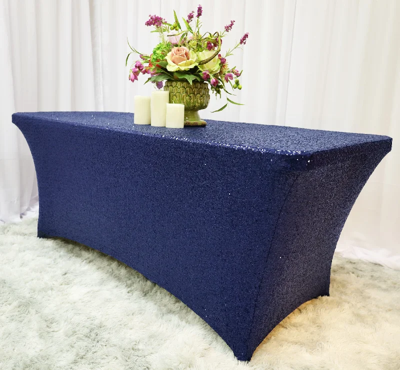 8 Ft Rectangular Sequin Spandex Table Cover - Navy Blue (1pc)