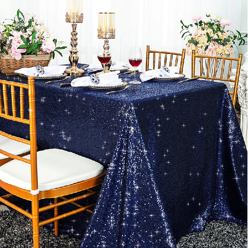 90"x132" Seamless Rectangular Sequin Taffeta Tablecloth - Navy Blue (1pc)