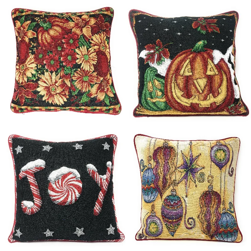 DaDa Bedding Set of 4 Pieces - Autumn Harvest Halloween & Christmas Ornaments Holiday Tapestry Throw Pillow Covers Bundle Pack - 16" x 16"