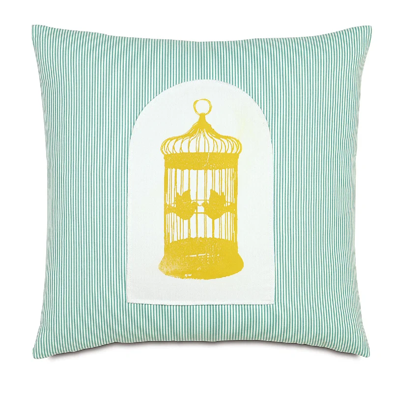 Teal And Yellow Gilded Cage 100% Cotton Hand-Painted Throw Pillow Cover 20x20