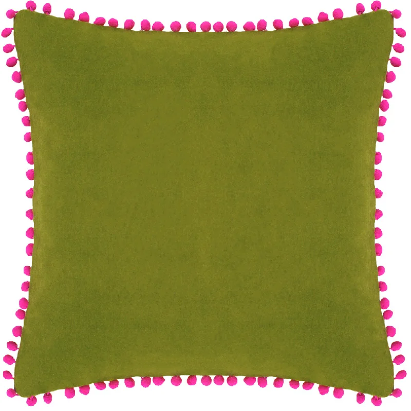 Velvet Pompom Cushion Green/Fuchsia