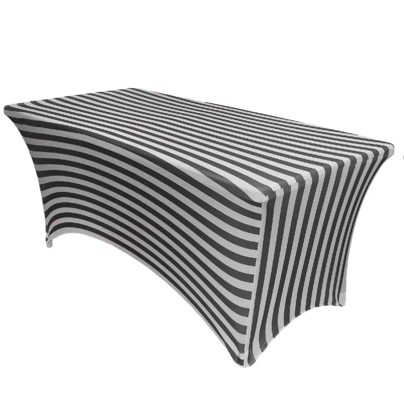 Stretch Spandex 4 ft Rectangular Table Cover Black and White Striped