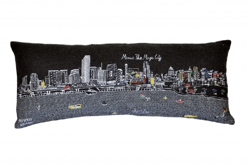 35" Black Miami Nighttime Skyline Lumbar Decorative Pillow