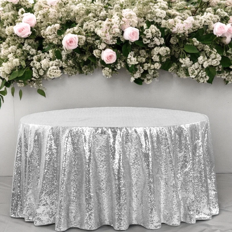 Glitz Sequins 132" Round Tablecloth - Silver