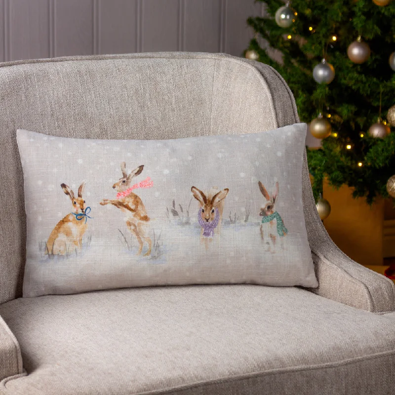 Snowy Hares Christmas Cushion Natural