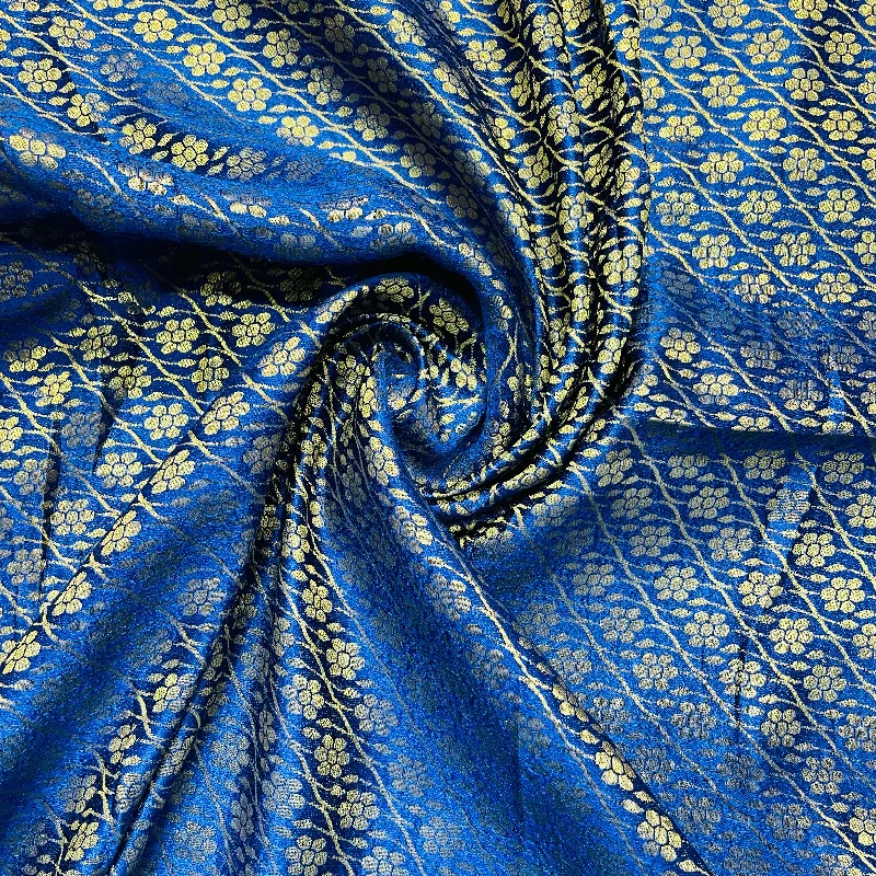 Navy Blue with Gold Zari Floral Banarasi Brocade Fabric