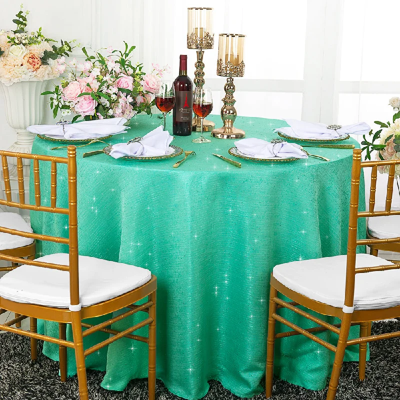 120" Seamless Round Sequin Paillette Poly Flax/Burlap Tablecloth - Tiff Blue/Aqua Blue (1pc)