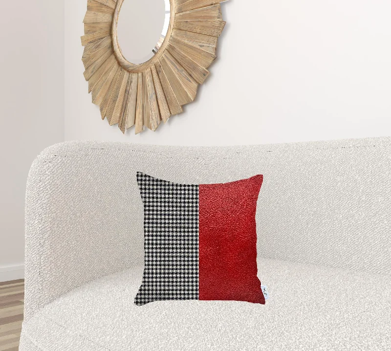 Houndstooth Divided Red Faux Leather Throw Pillow