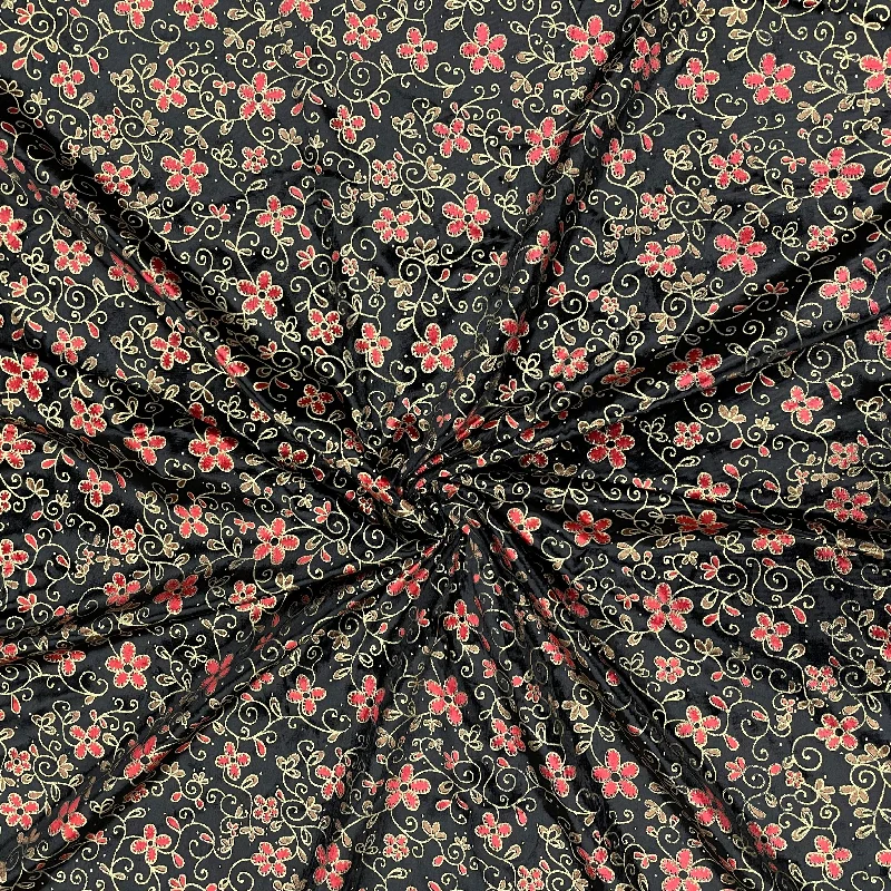 Black Red Color Floral Print Brasso Velvet Fabric