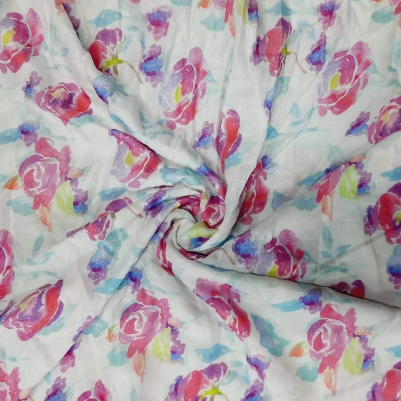 White & Pink Floral Print Viscose Fabric