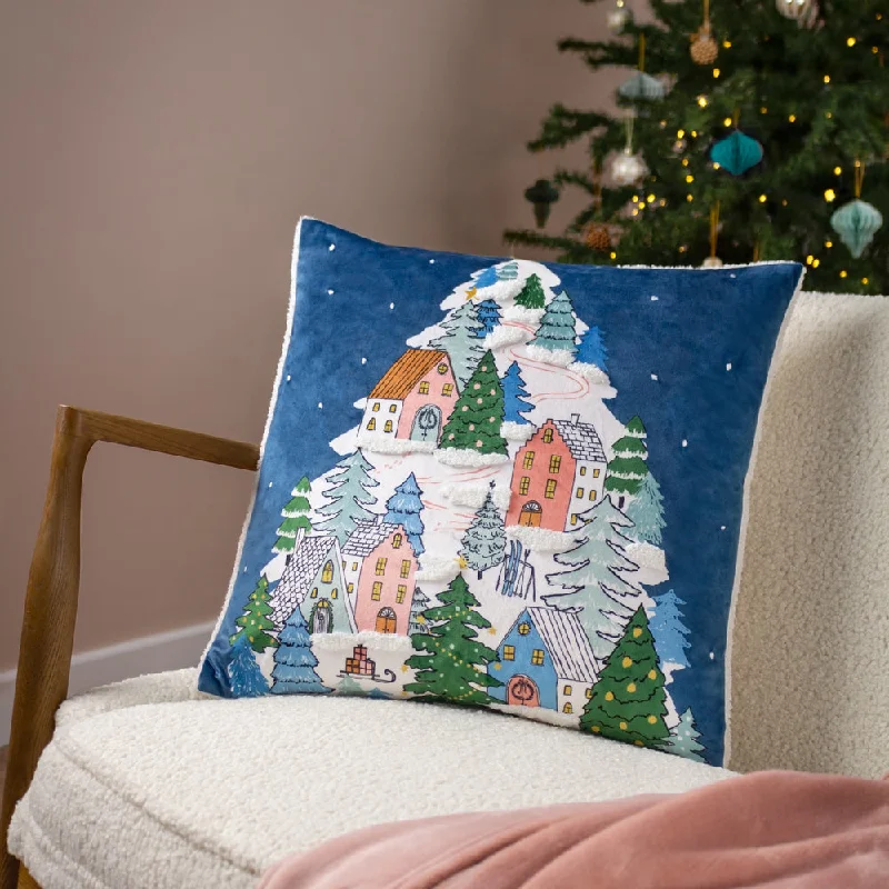 Snowy Village Tree Cushion Midnight