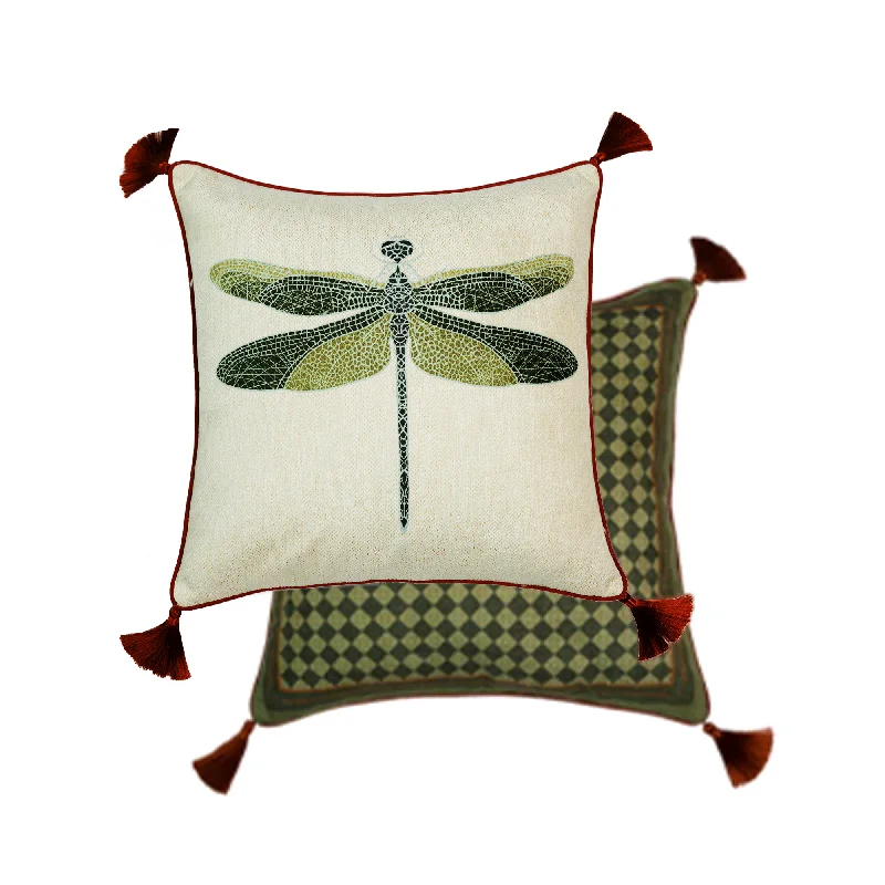 Fern Nature Dragonfly Tassel Throw Pillow Cover