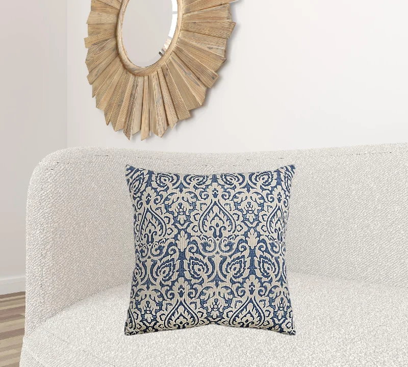 Blue Natural Distressed Damask Throw Pillow