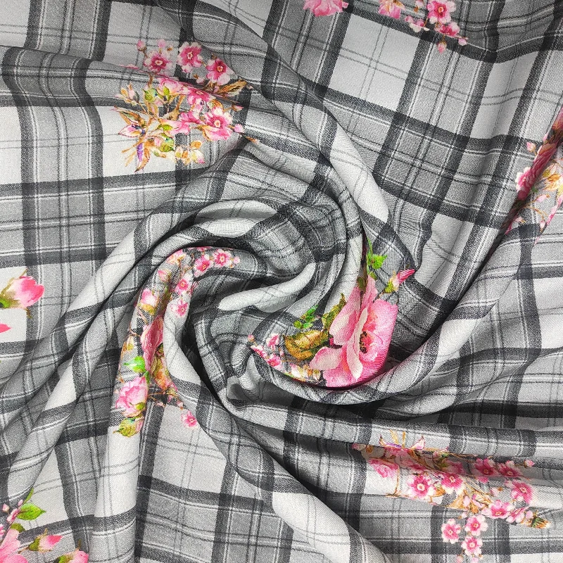 Grey & Black Check With Floral Print Rayon Fabric