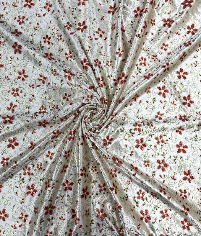 White Red Floral Print Brasso Velvet Fabric