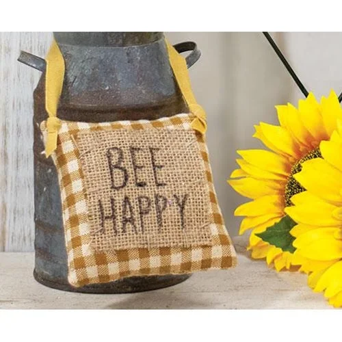 Bee Happy Mustard Check and Burlap Pillow Hanger