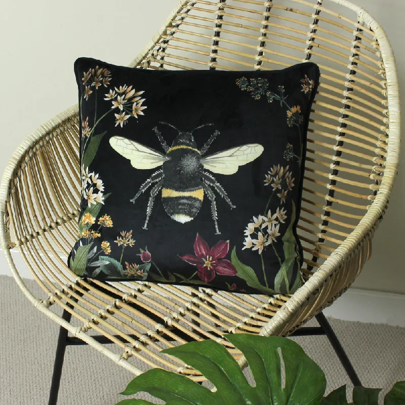 Midnight Garden Bee Cushion Black