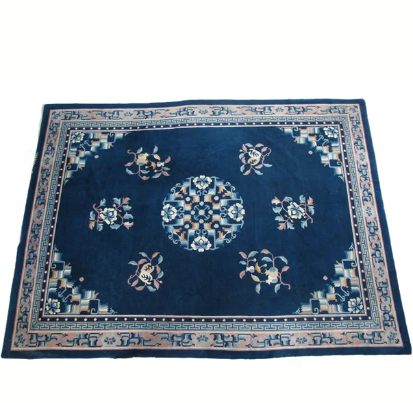 Blue Flowering Vintage Chinese Art Deco Rug, 12 ft 3 in x 9 ft